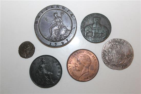 Charles I shilling, 1797 2d, 1930 1d and 3 other coins/tokens